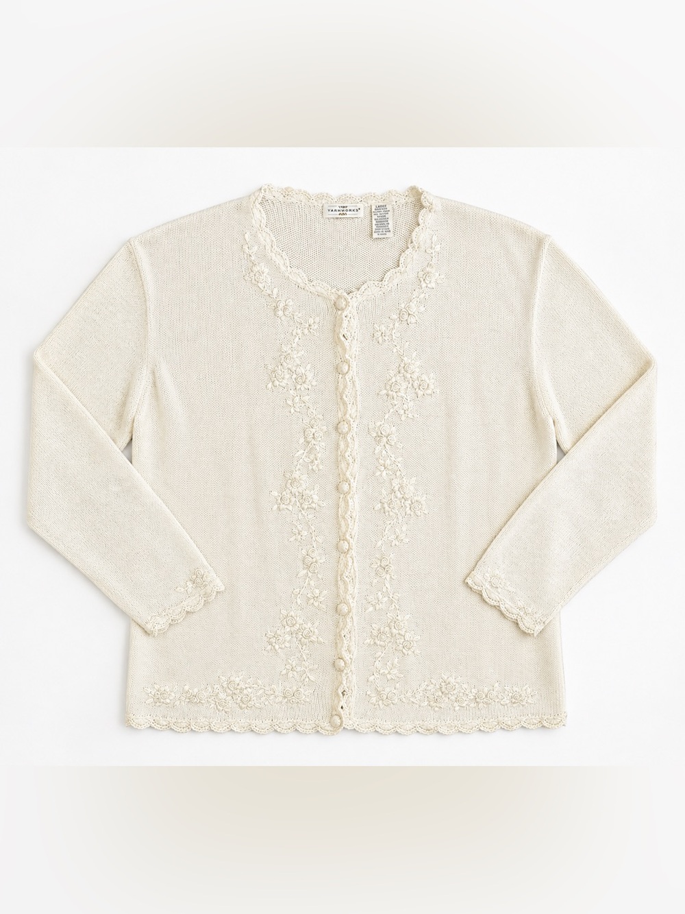 Vintage Yarnworks Large Cream Cardigan Floral Embroidered Ramie Cotton